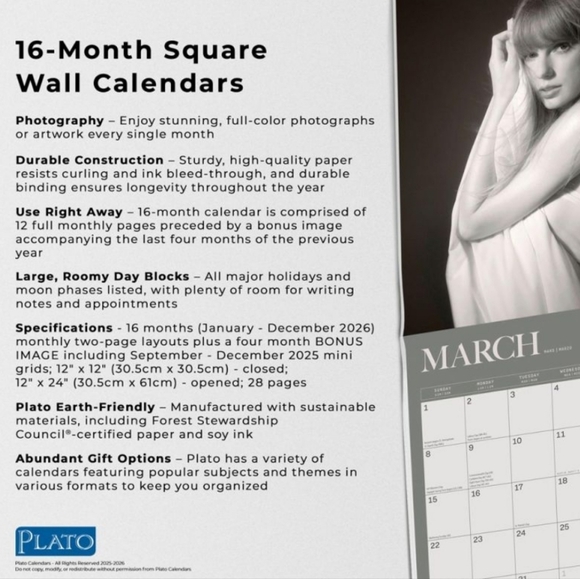 Taylor Swift Official 2026 12 X 24 Inch (Hanging) Monthly Square Wall Calendar - Picture 5 of 8